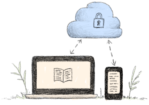 Oakamo synced across a laptop, tablet, and phone, backed up to Google Drive.