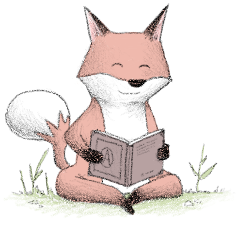 A watercolour fox resting beside an open book among oak leaves.